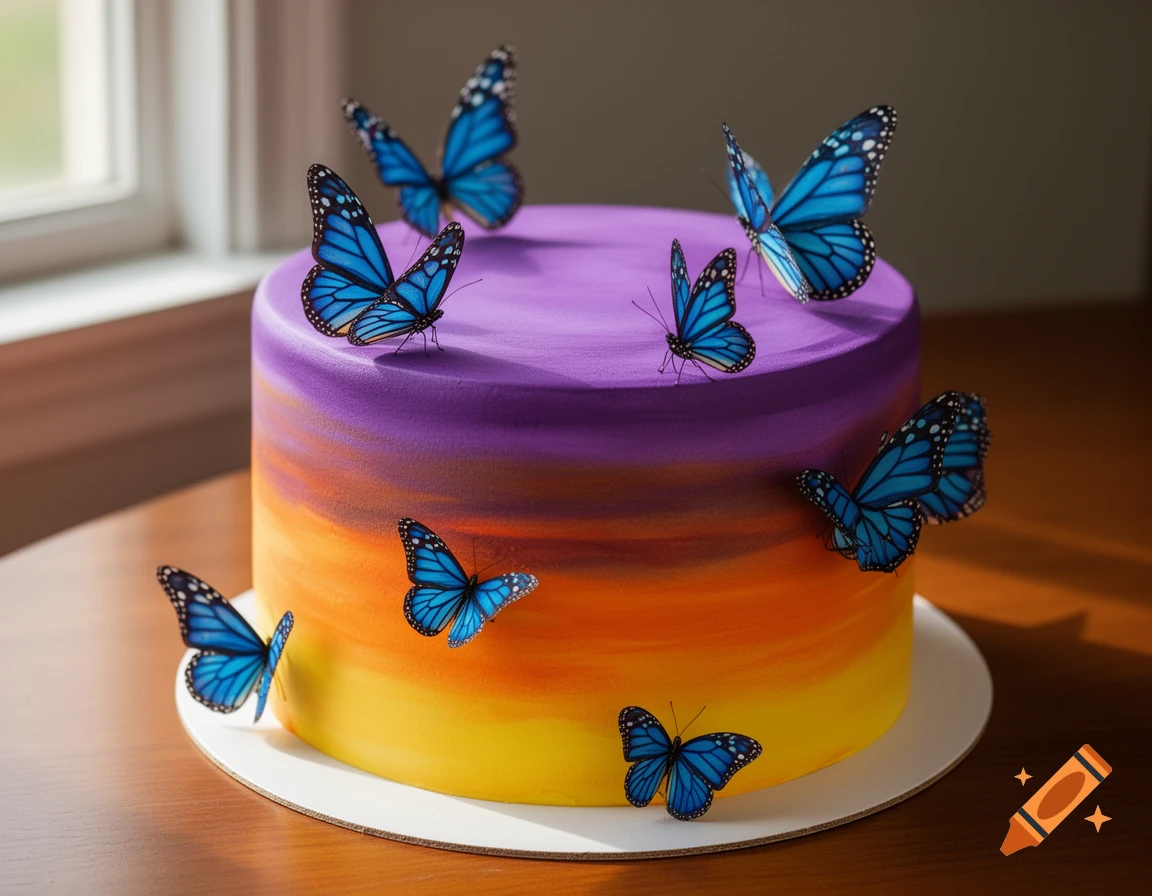 A single-tier ombre cake with purple, orange, and yellow layers, adorned with blue monarch butterflies, set on a wooden table near a window.