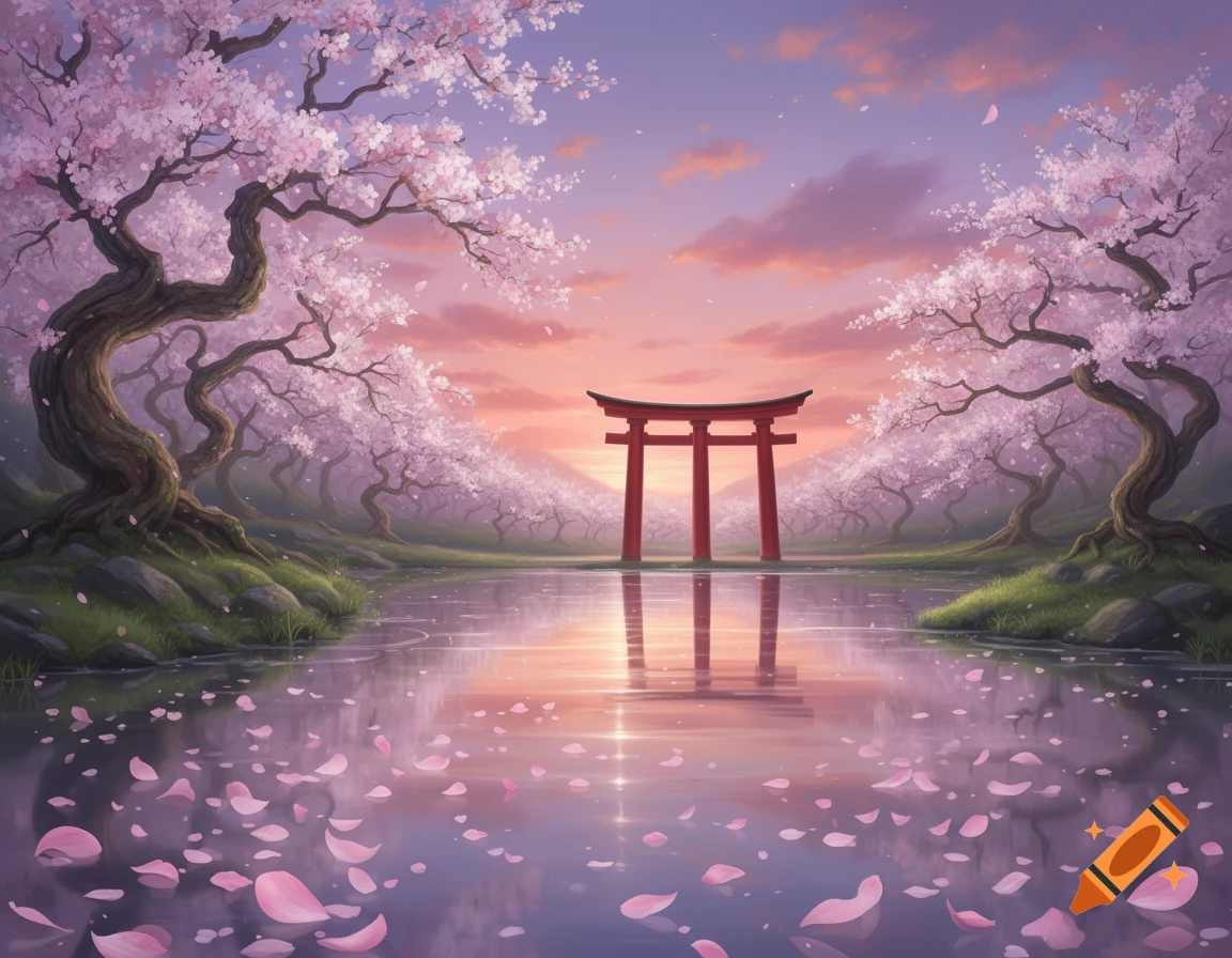 A serene fantasy landscape with a red torii gate reflecting in calm water, surrounded by vibrant pink cherry blossom trees under a soft, twilight sky.