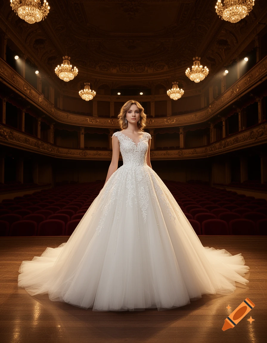 A woman in an ornate white wedding dress stands center stage in a grand, empty opera house with chandeliers.