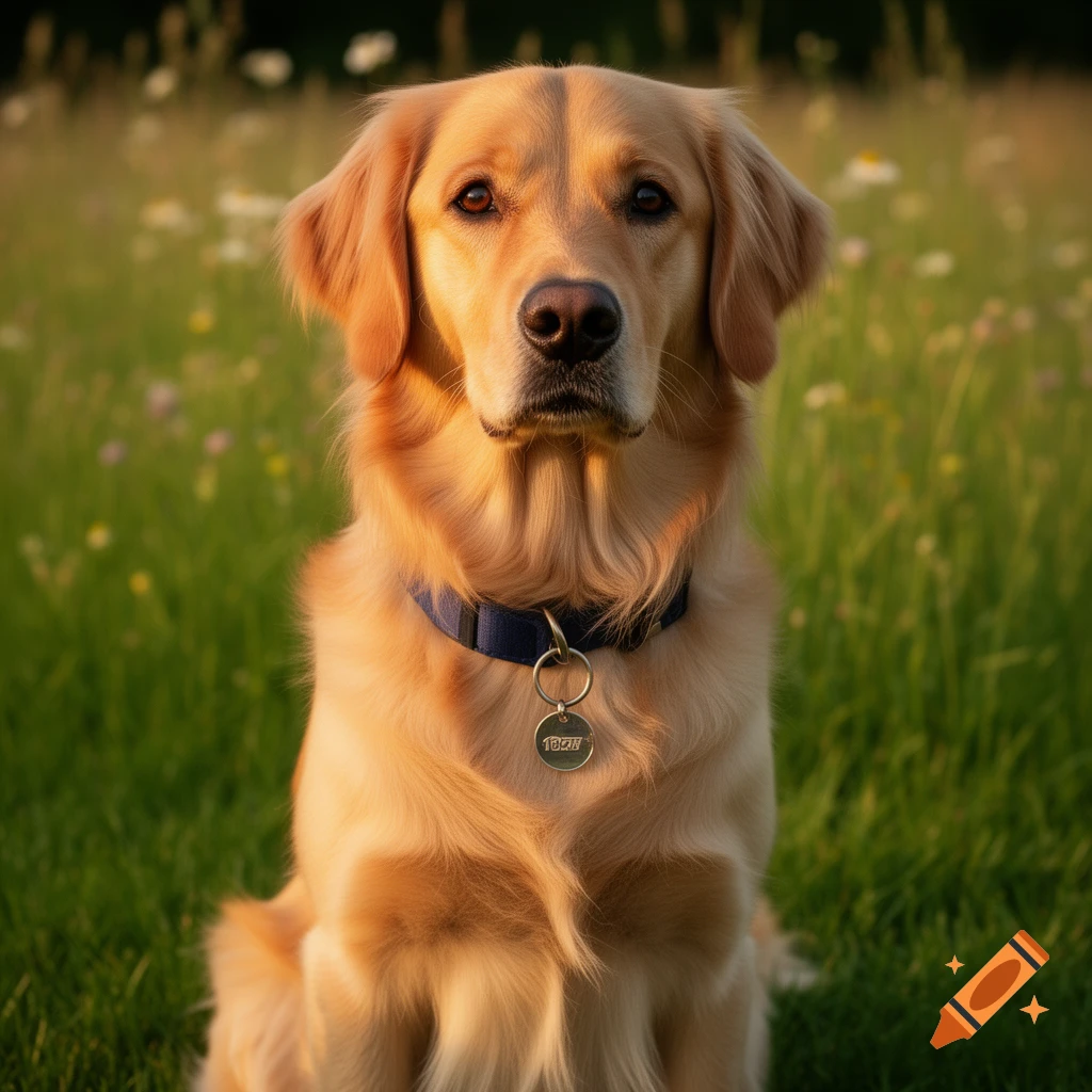 A golden retriever dog with a blue collar and tag sits in a sunny green field.