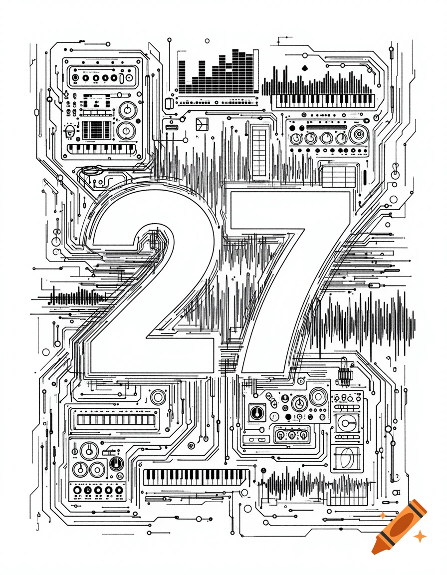 Detailed black and white line art of electronic circuits, sound waves, and musical elements forming the number 27.