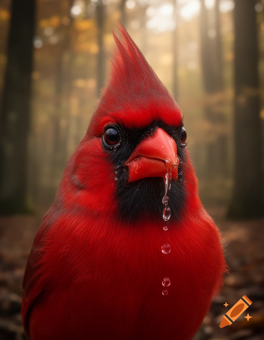 A photorealistic close-up of a red cardinal in a forest, with water droplets dripping from its beak and face, appearing to cry.