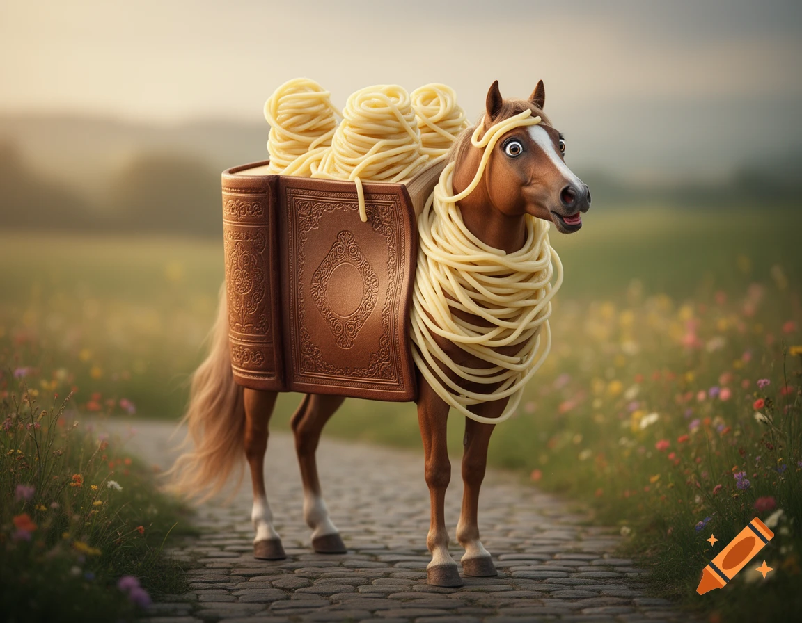 A scared, photorealistic horse with a large book for a body and spaghetti noodles wrapped around it, on a path in a field.
