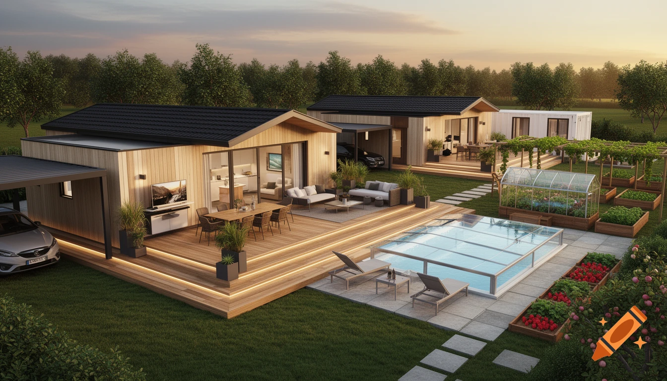 Ultra-realistic architectural visualization of a modern luxury property with a wooden deck, pool, garden, and two homes at sunset.