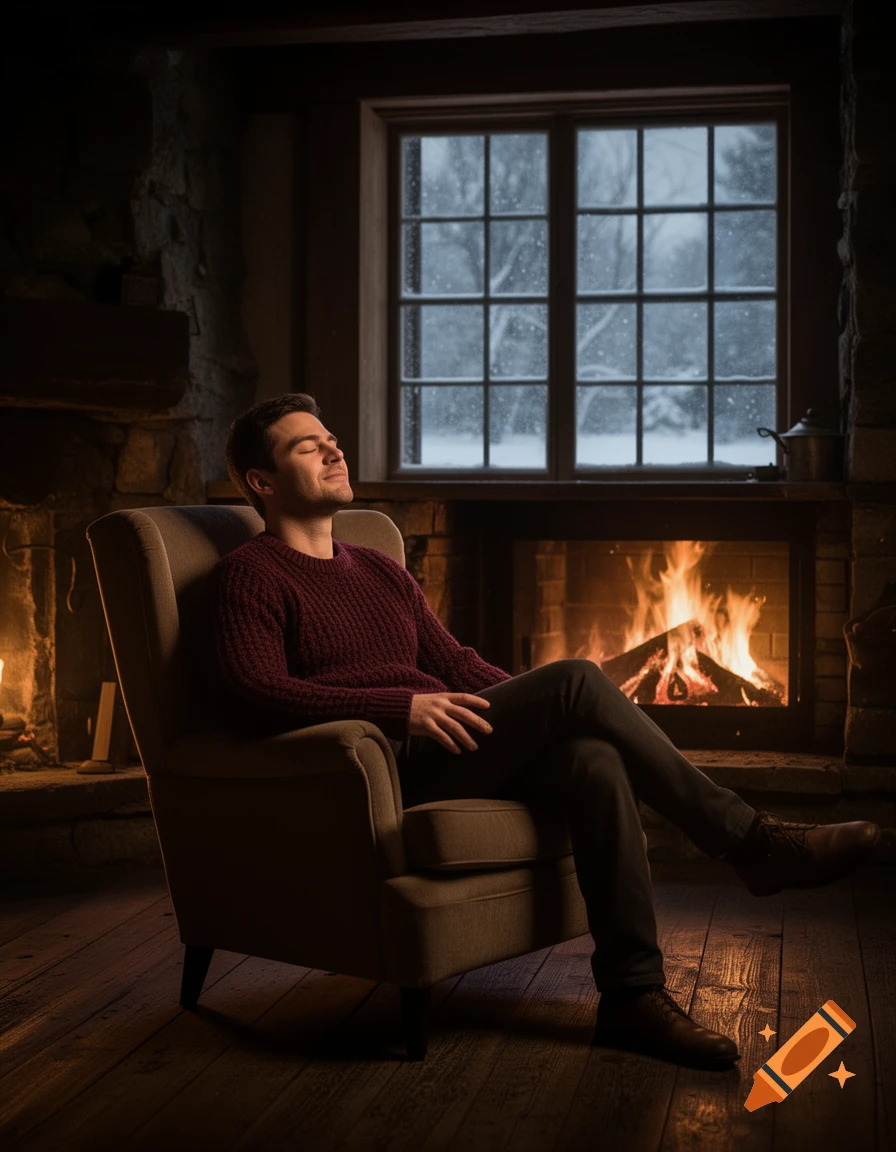 A man relaxes in an armchair by a warm stone fireplace, looking out a window at a snowy winter scene.