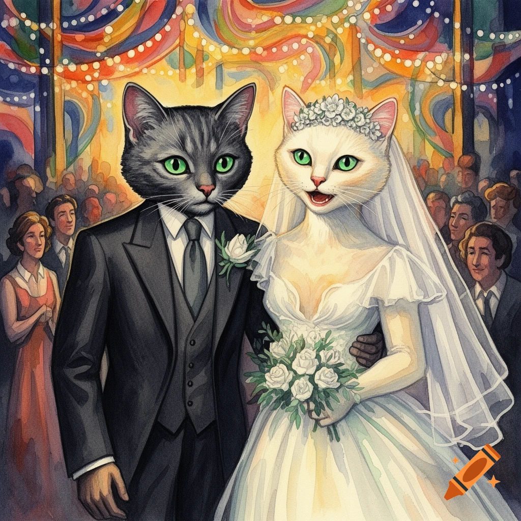 A watercolor painting depicts a gray cat groom and a white cat bride in wedding attire, holding a bouquet, standing before a colorful, festive background.