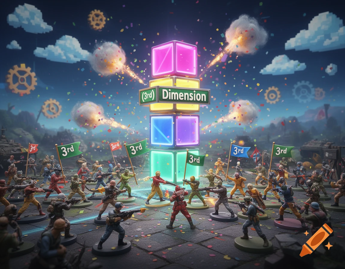 A stylized scene of toy soldiers battling around a glowing tower that says "(3rd) Dimension", with pixelated clouds and confetti.