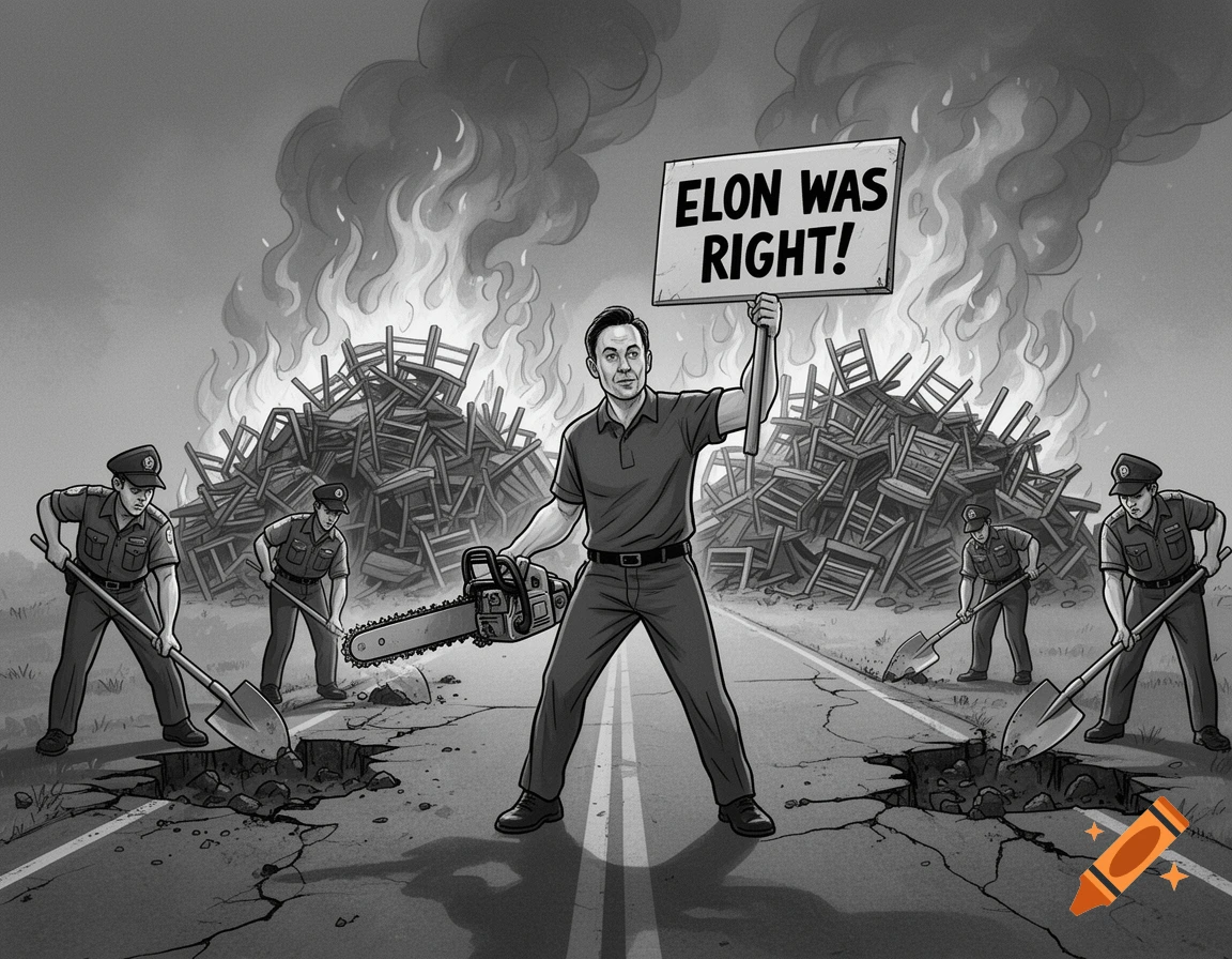 Black and white cartoon of a man with a chainsaw and 'Elon was right!' sign on a cracked road, with police digging and chairs burning.