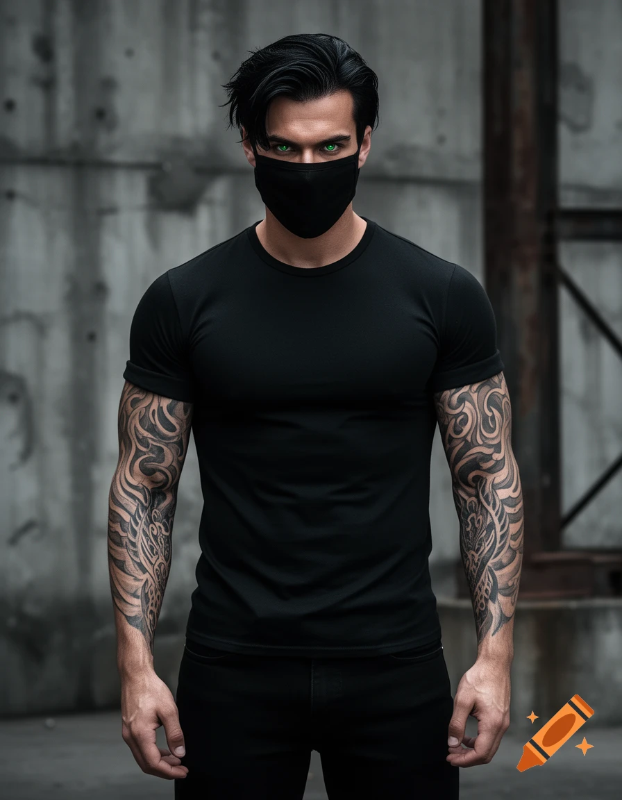 Photorealistic portrait of a man with black hair and green eyes, wearing a black mask, t-shirt, and pants, displaying full sleeve tattoos.