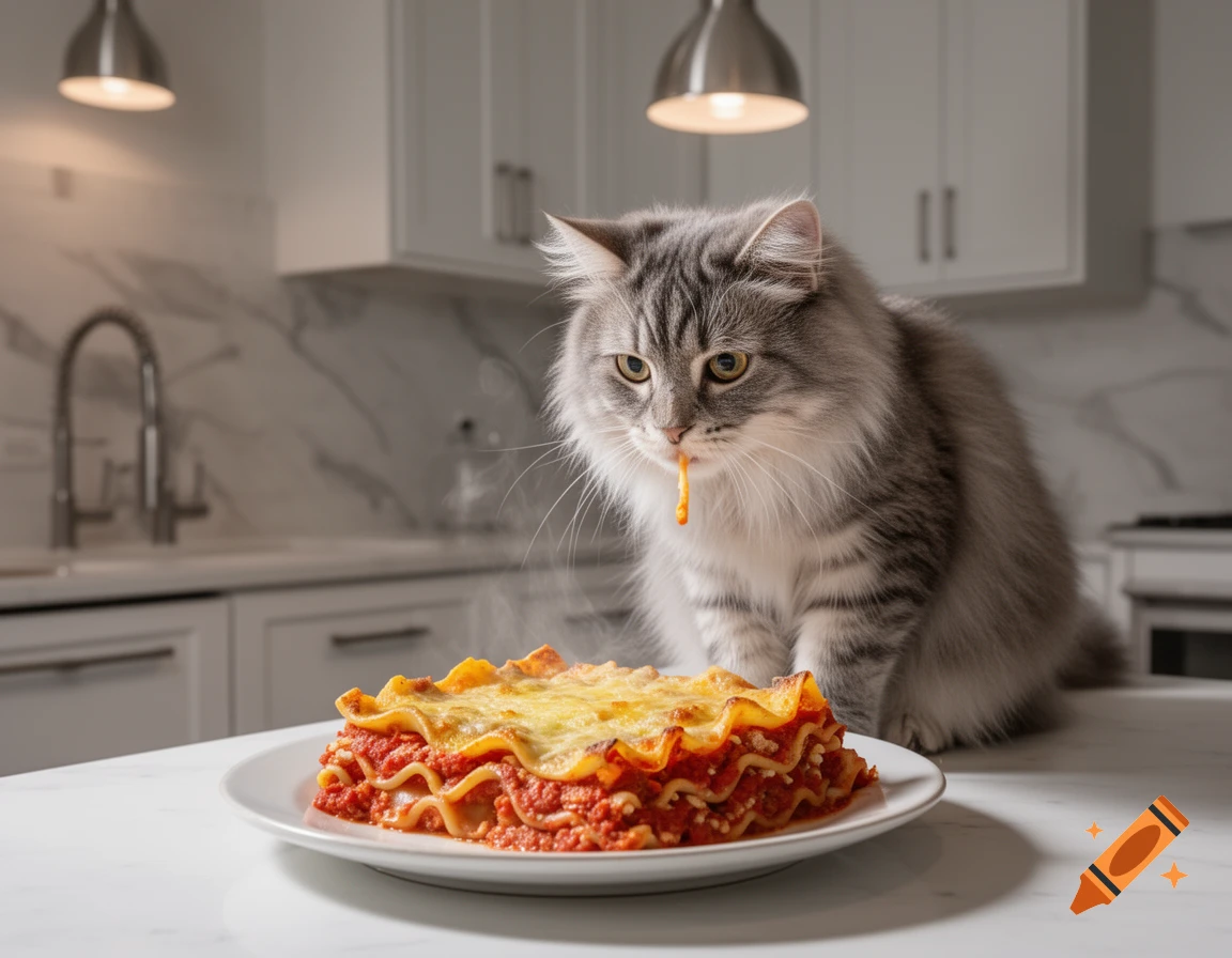A fluffy grey cat sits on a white kitchen counter, with a drip of orange sauce on its chin, eyeing a steaming plate of lasagna.