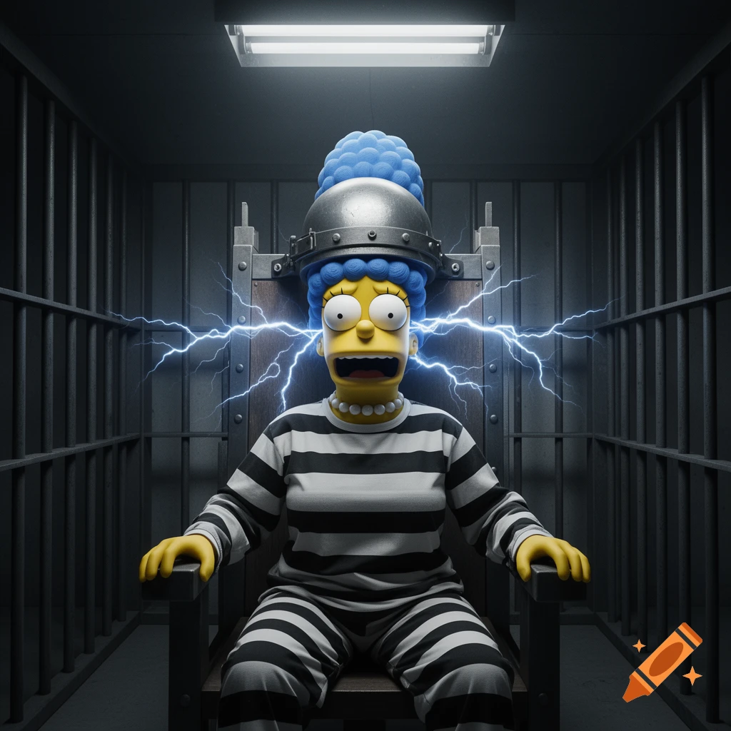 Marge Simpson in a prison electric chair, wearing a striped uniform, with electricity sparking around her head. Rendered in a 3D cartoon style.