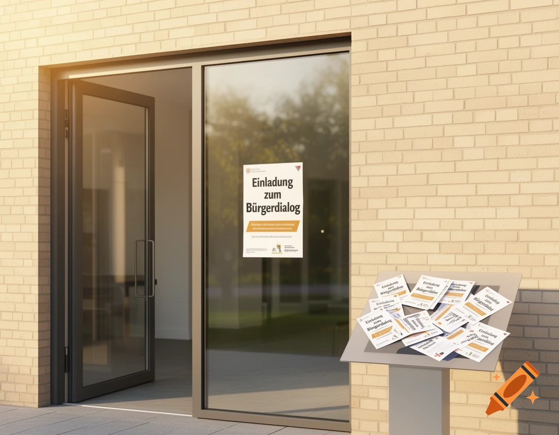 A modern building entrance with a light brick wall, a glass door with an 'Invitation to Citizen Dialogue' poster, and flyers on a stand.