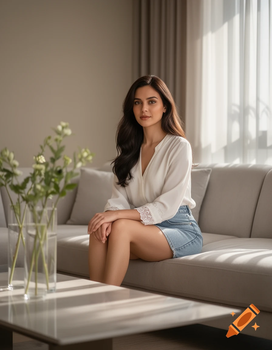 A woman with dark hair, wearing a white blouse and denim mini skirt, sits on a light-colored couch in a sunlit living room.