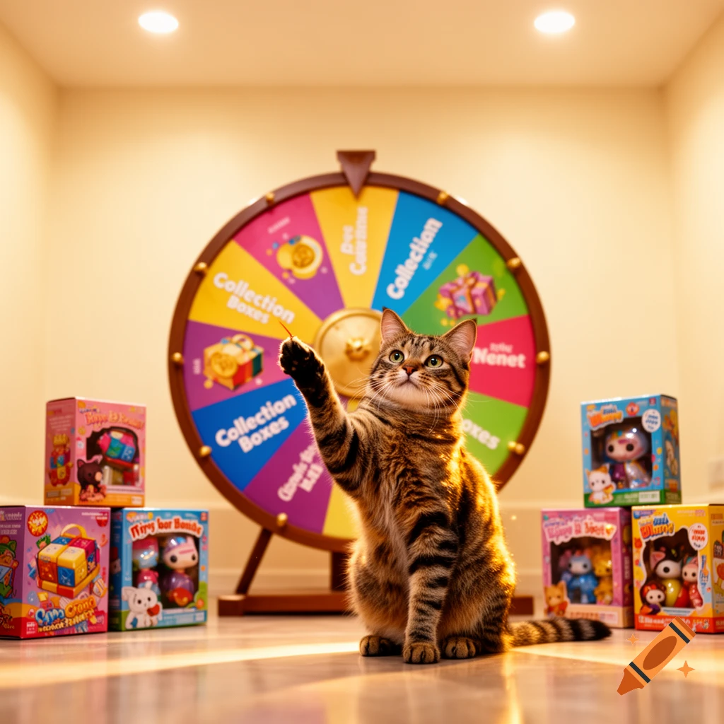 A tabby cat reaches out towards a colorful prize wheel, surrounded by various toy collection boxes, in a warm-lit room.