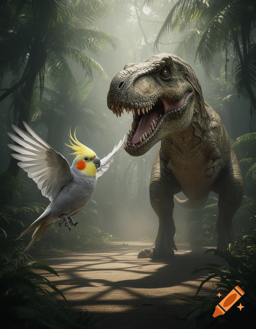 A photorealistic image of a small cockatiel bird with spread wings facing a roaring Tyrannosaurus Rex in a misty jungle.