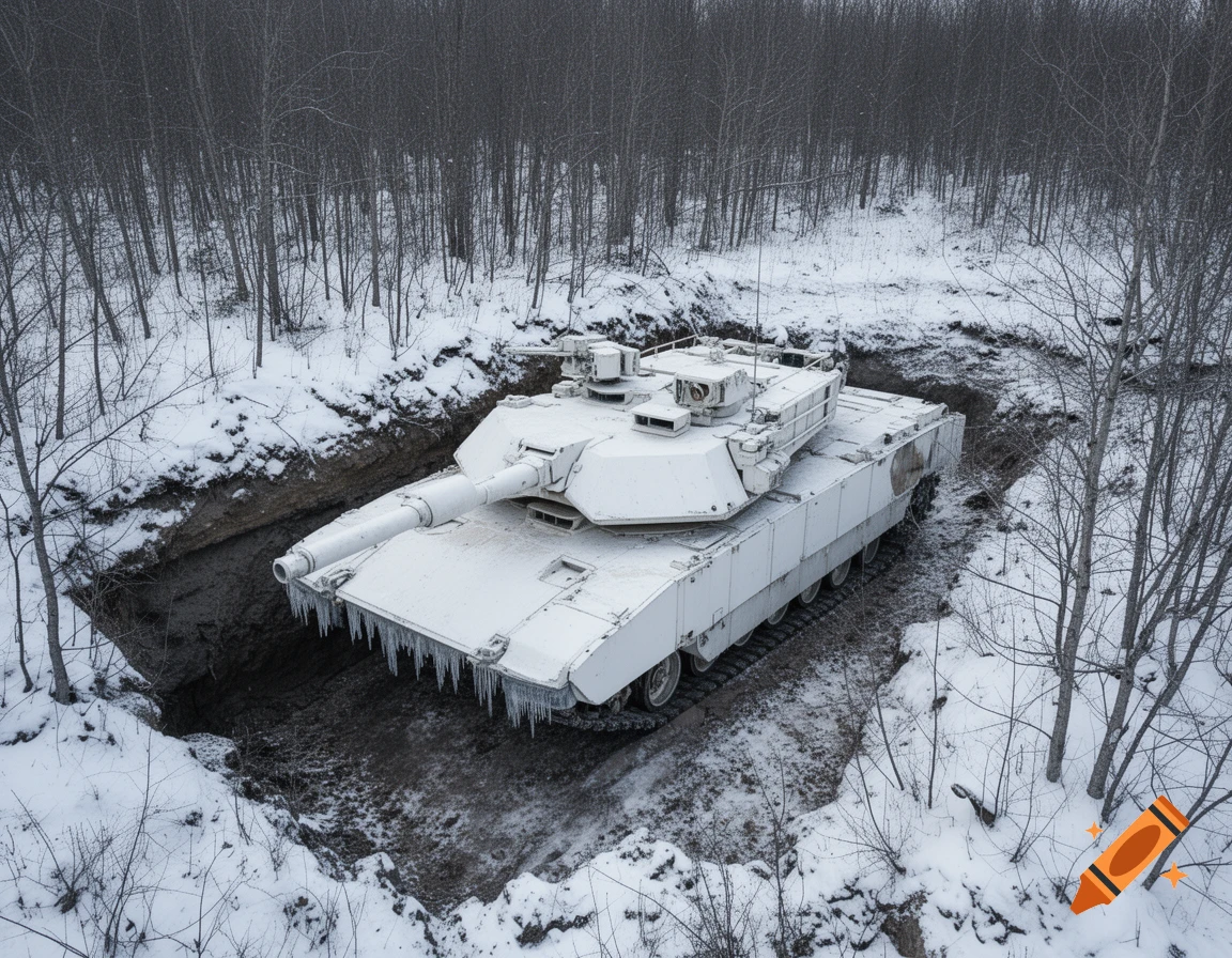 An aerial view of a white Abrams tank partially sunken in a muddy trench in a snowy, bare winter forest.