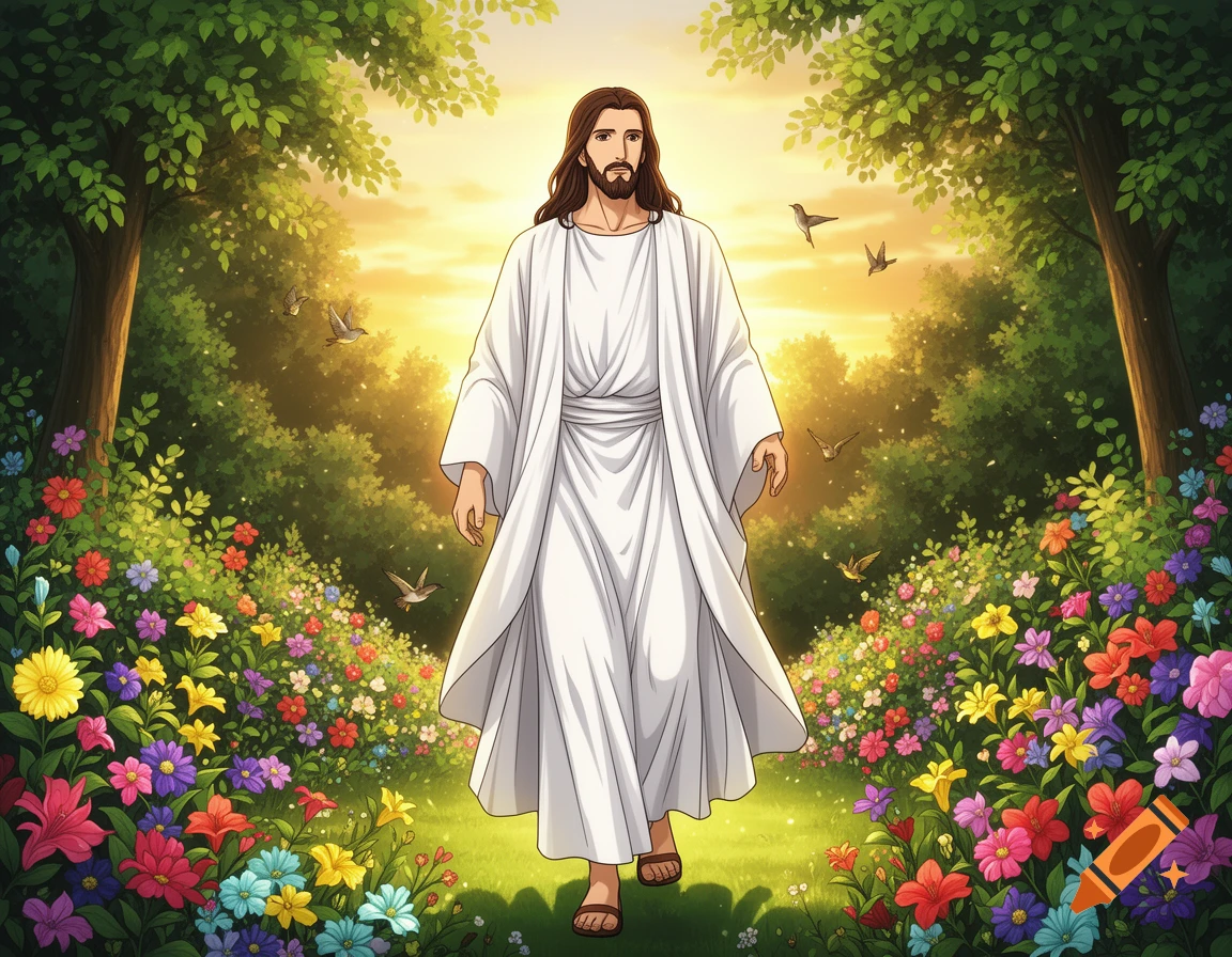 Cartoon illustration of Jesus walking forward through a vibrant, colorful flower garden with trees and birds at sunset.