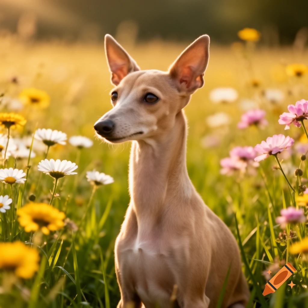 A photorealistic Italian Greyhound sitting in a field of yellow, white, and pink wildflowers.