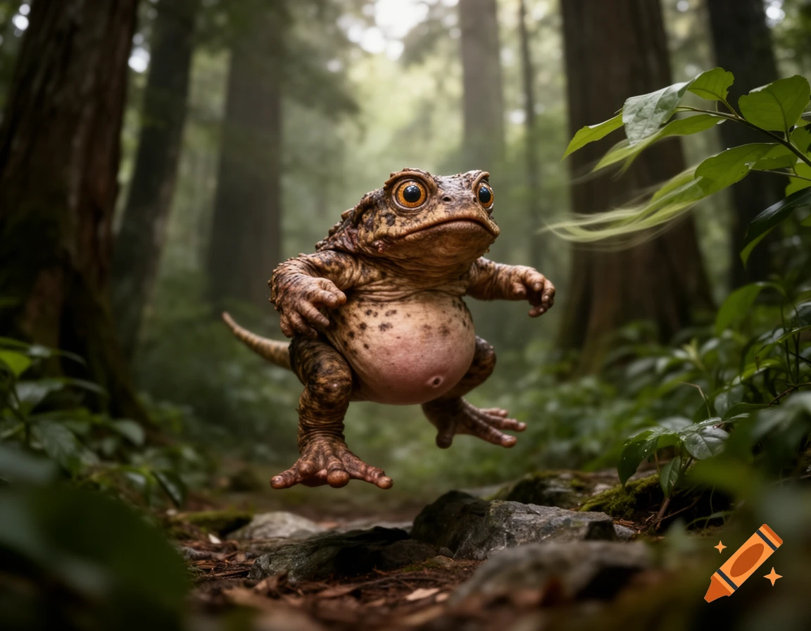 A photorealistic bipedal toad-like creature with big eyes and a belly hops through an enchanted forest.