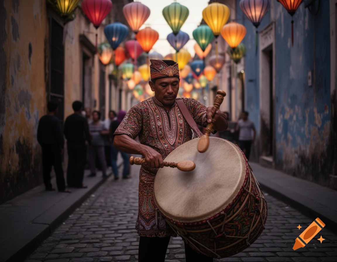A man in traditional attire plays a large drum on a cobblestone street illuminated by many colorful lanterns overhead.