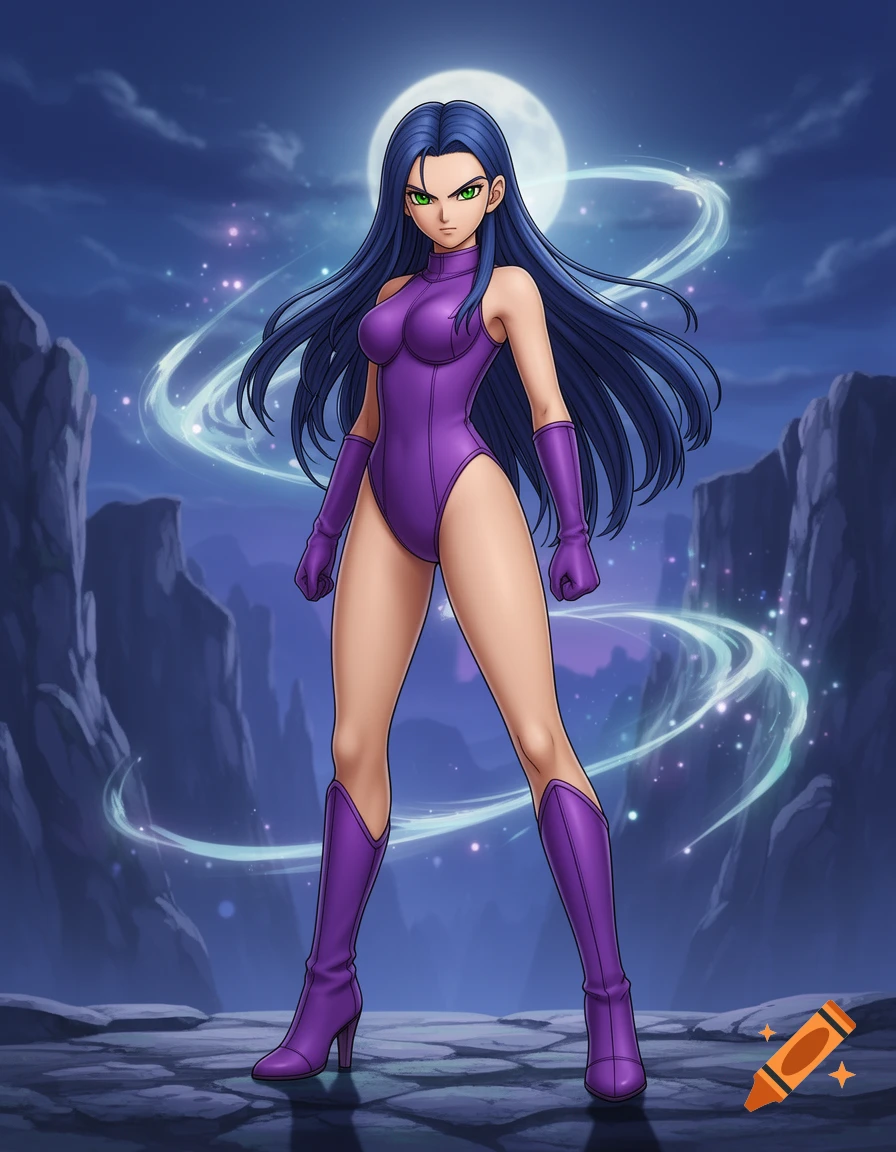 Anime illustration of a woman with long blue hair and green eyes, wearing a form-fitting purple bodysuit and boots, standing in a rocky landscape under a full moon.