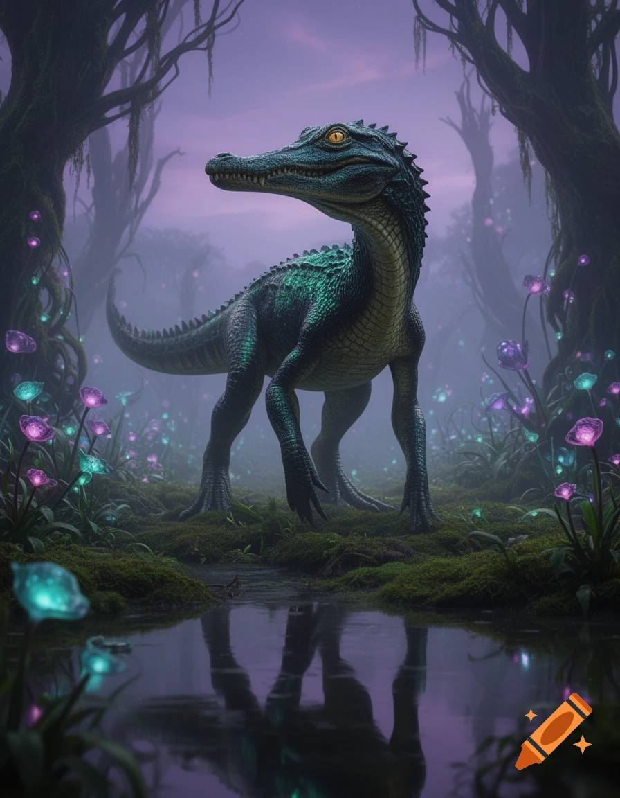 An alien-like baryonyx stands in a glowing, misty swamp at dusk.