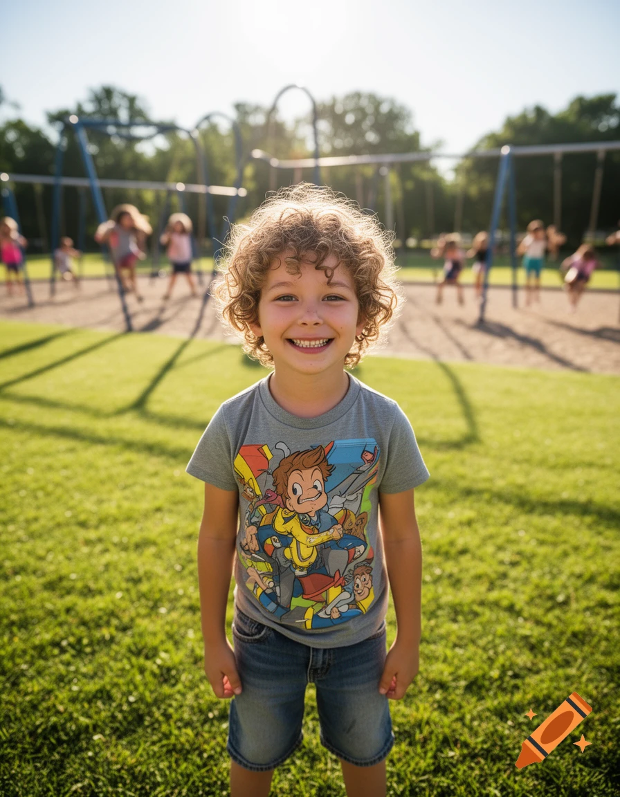 A happy boy with curly hair smiles at the camera in a sunny outdoor playground.