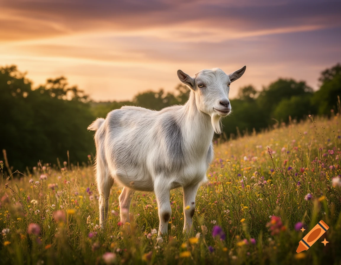 A white goat stands in a sunlit field filled with colorful wildflowers at sunset, with trees in the background.