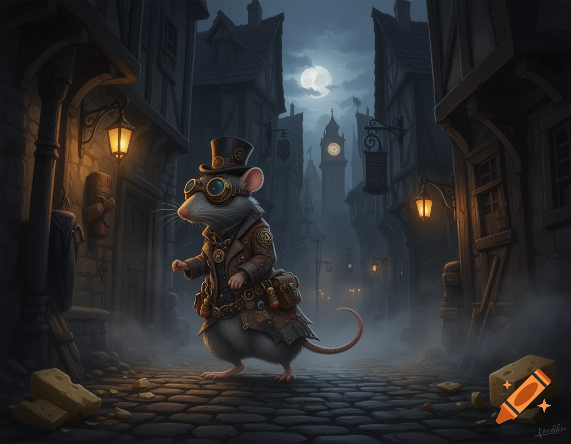 A steampunk rat wearing a hat and goggles walks through a gloomy, cobblestone alley at night under a full moon, with cheese on the ground.