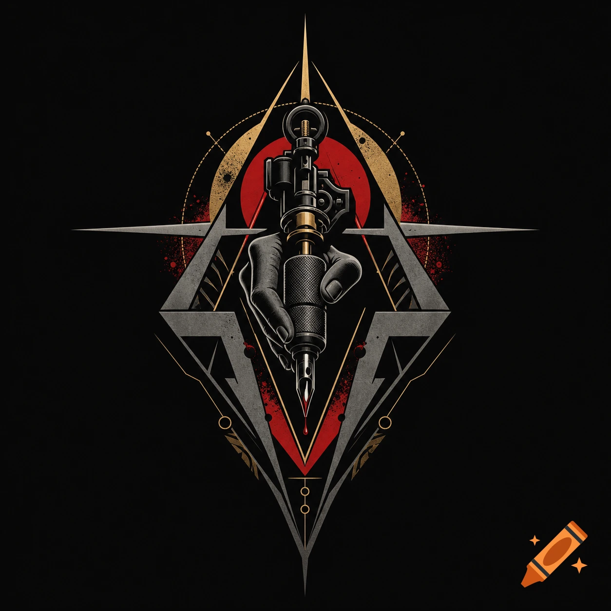 A stylized tattoo studio logo featuring a hand gripping a tattoo machine with geometric and grunge elements on a black background.