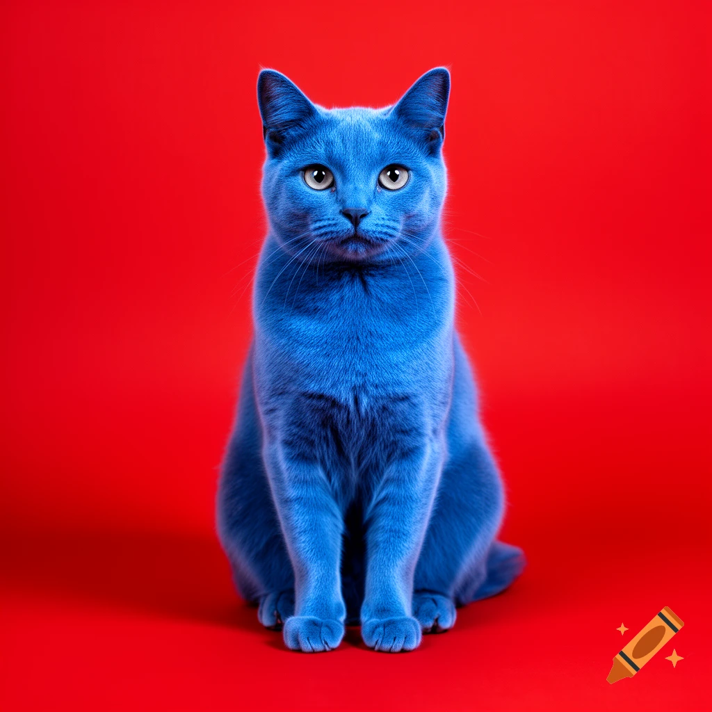 A vibrant blue cat with bright eyes sits calmly against a striking red background, looking directly forward.