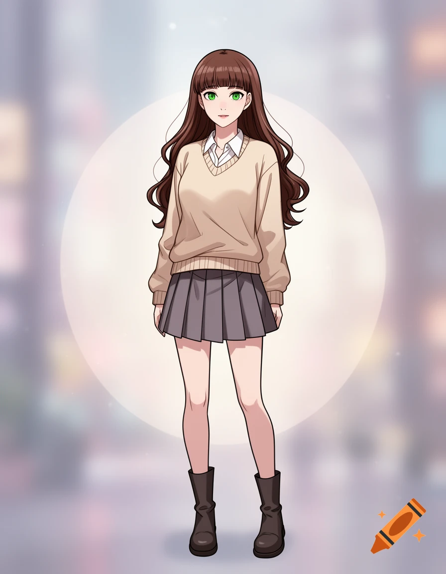 Anime girl with long brown wavy hair and green eyes, wearing a beige sweater, white shirt, grey pleated skirt, and brown boots.