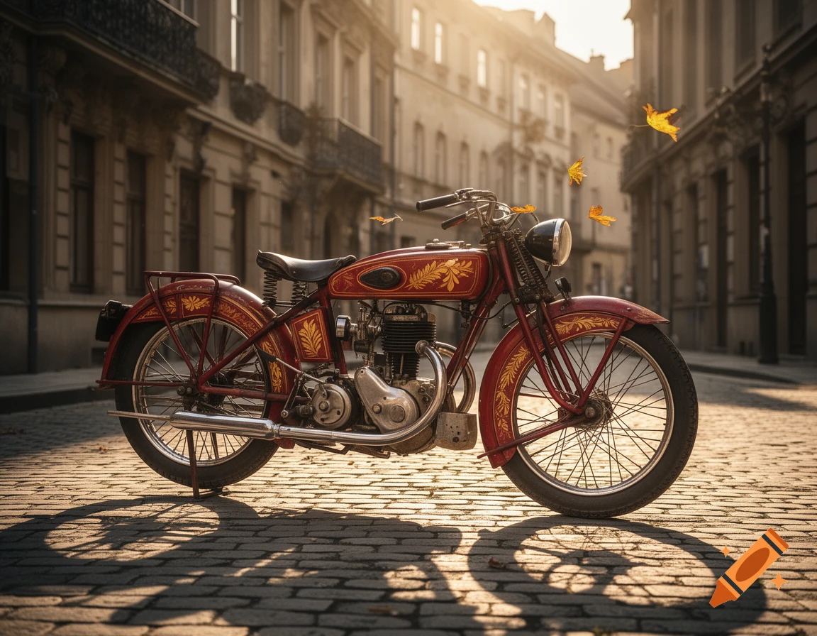 A vintage red motorcycle with gold detailing parked on a cobblestone street lined with old buildings, bathed in warm sunset light with falling leaves.