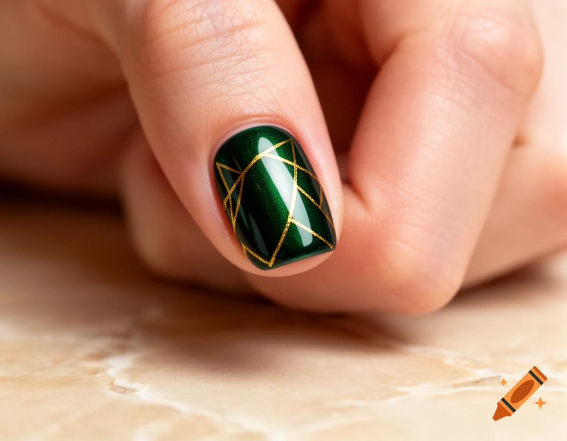 Close-up of a hand with a dark green manicured nail featuring gold geometric lines.