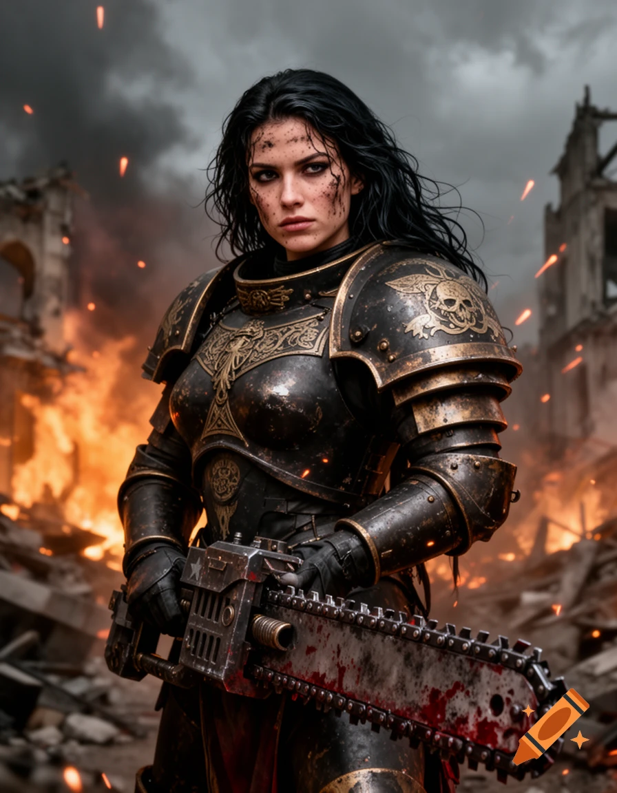A grim female warrior in ornate dark armor holds a blood-splattered chainsaw amidst a burning, ruined city under a cloudy sky.