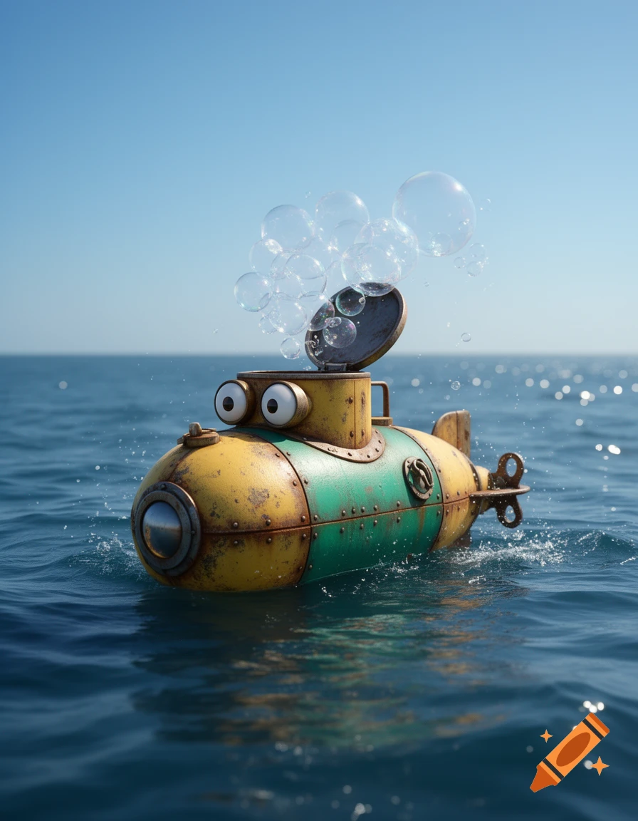 A cute, anthropomorphic yellow and green submarine with large googly eyes burps bubbles into a clear blue ocean under a bright sky.