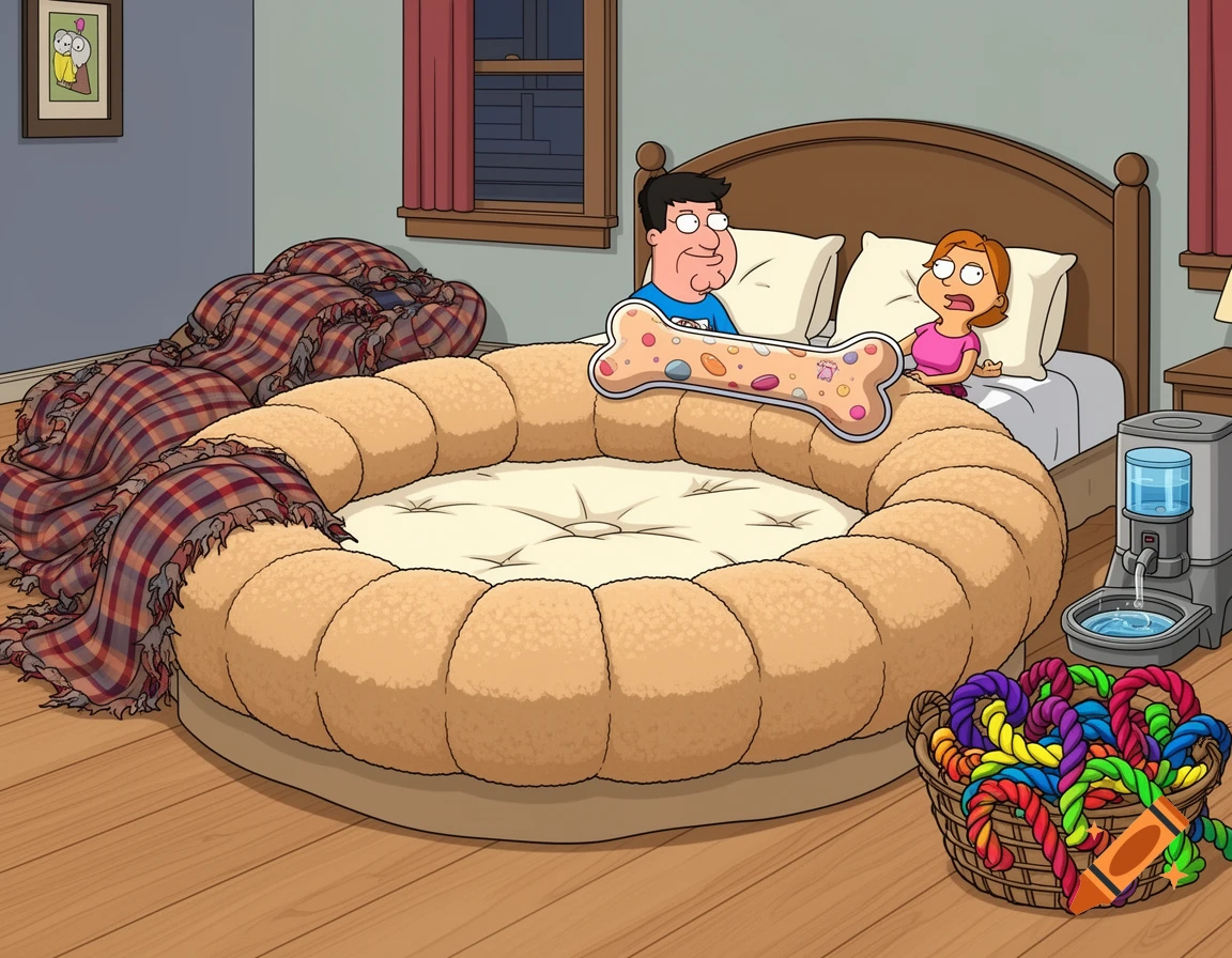 Cartoon of Peter and Lois from Family Guy in a giant donut-shaped dog bed with dog toys in their bedroom.