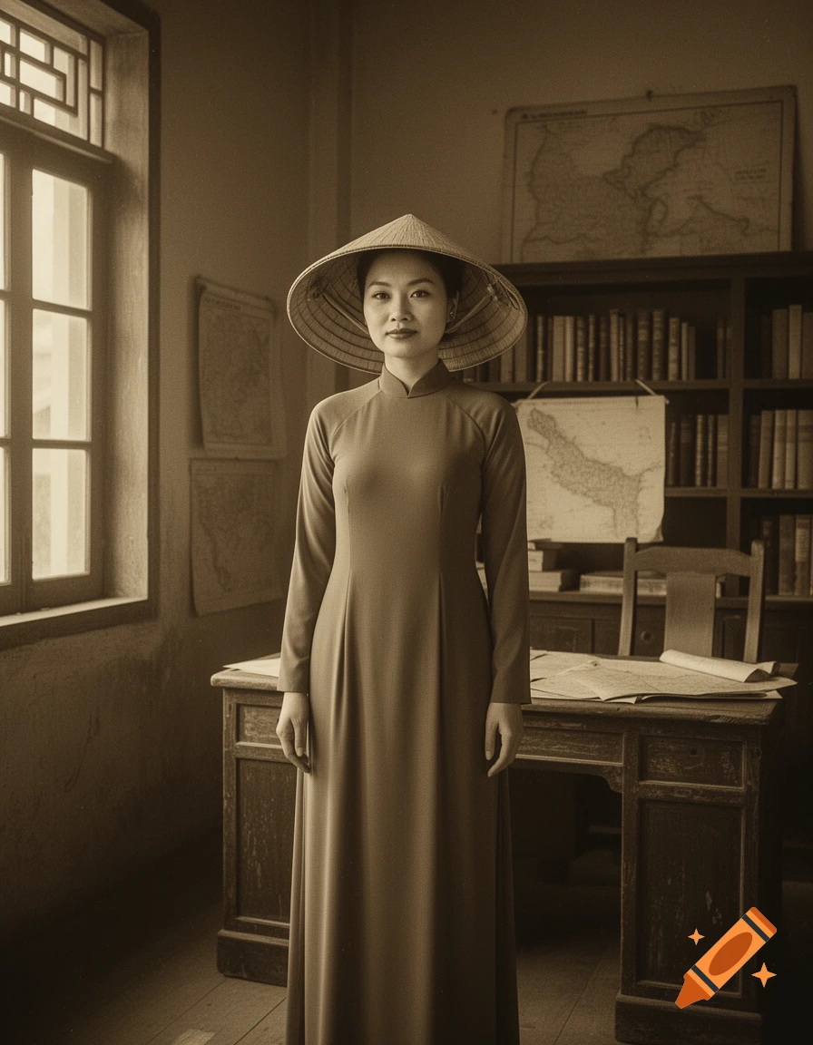 A sepia-toned photorealistic portrait of a woman in an ao dai and conical hat, standing in a vintage room with a desk, books, and maps.