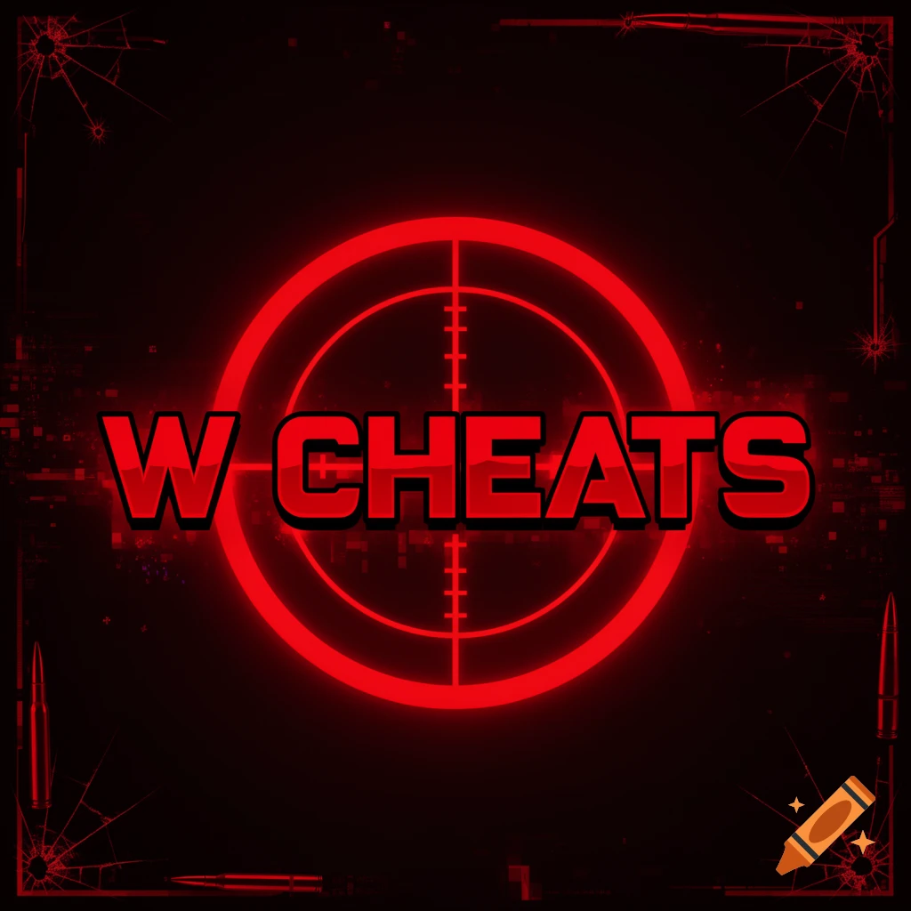 Red and black gaming logo with a glowing sniper crosshair, 'W CHEATS' text, bullet cracks, and digital glitch effects.