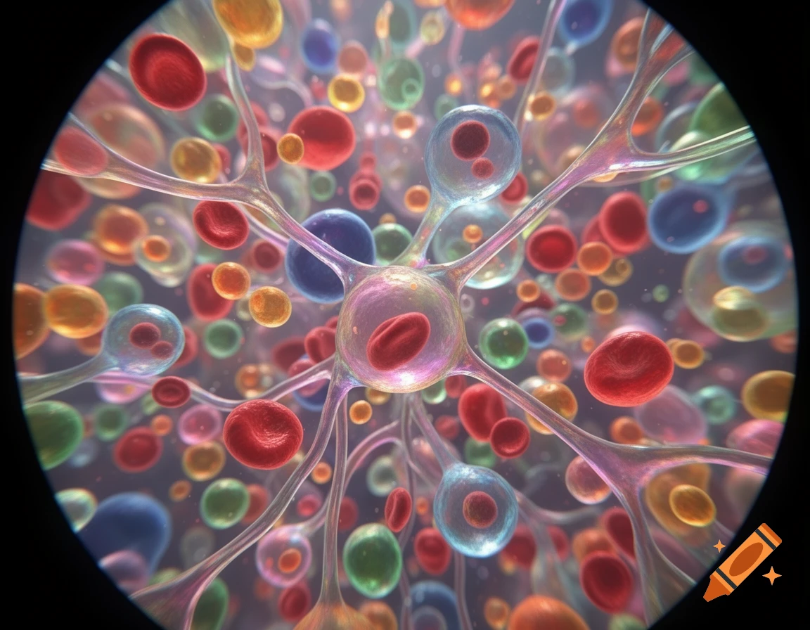 A magnified, colorful view of abstract cells and blood components under a microscope.