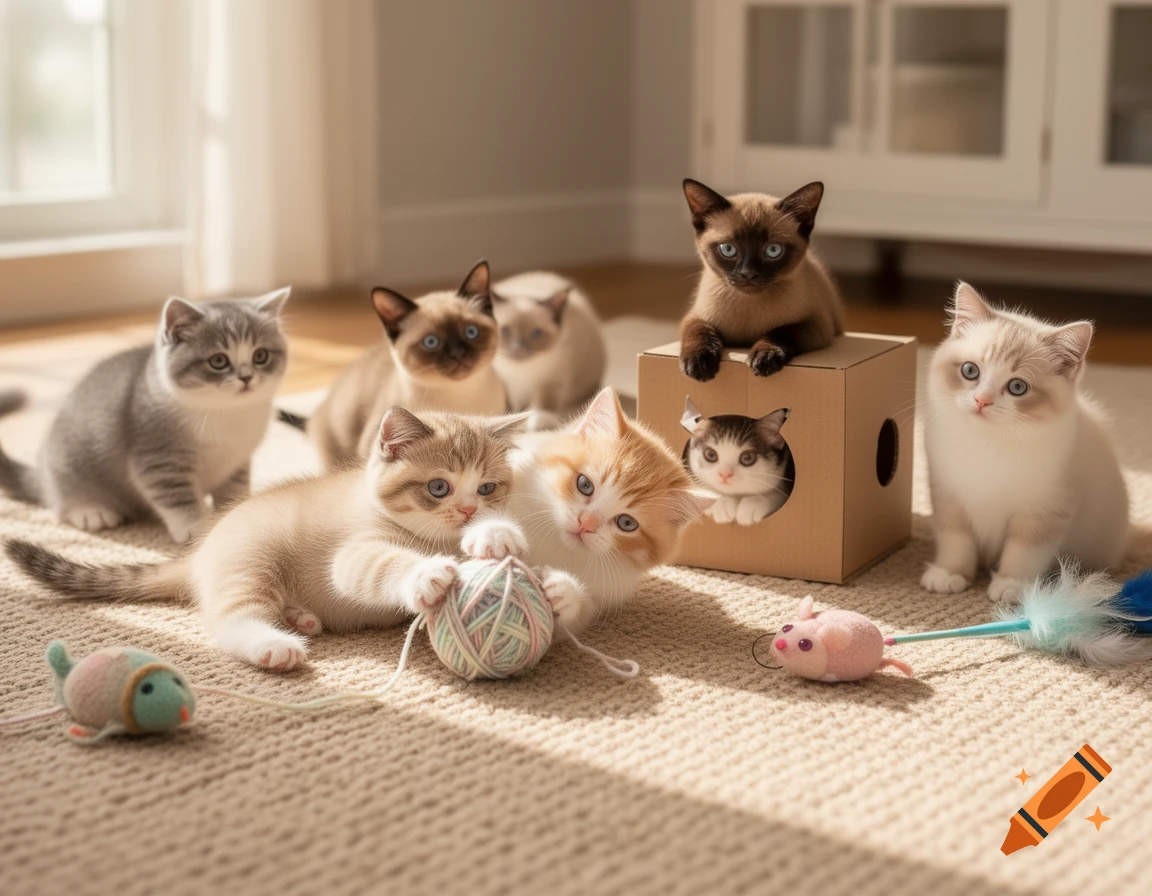 Multiple photorealistic kittens play with a yarn ball, mouse toy, and cardboard box on a beige carpet.