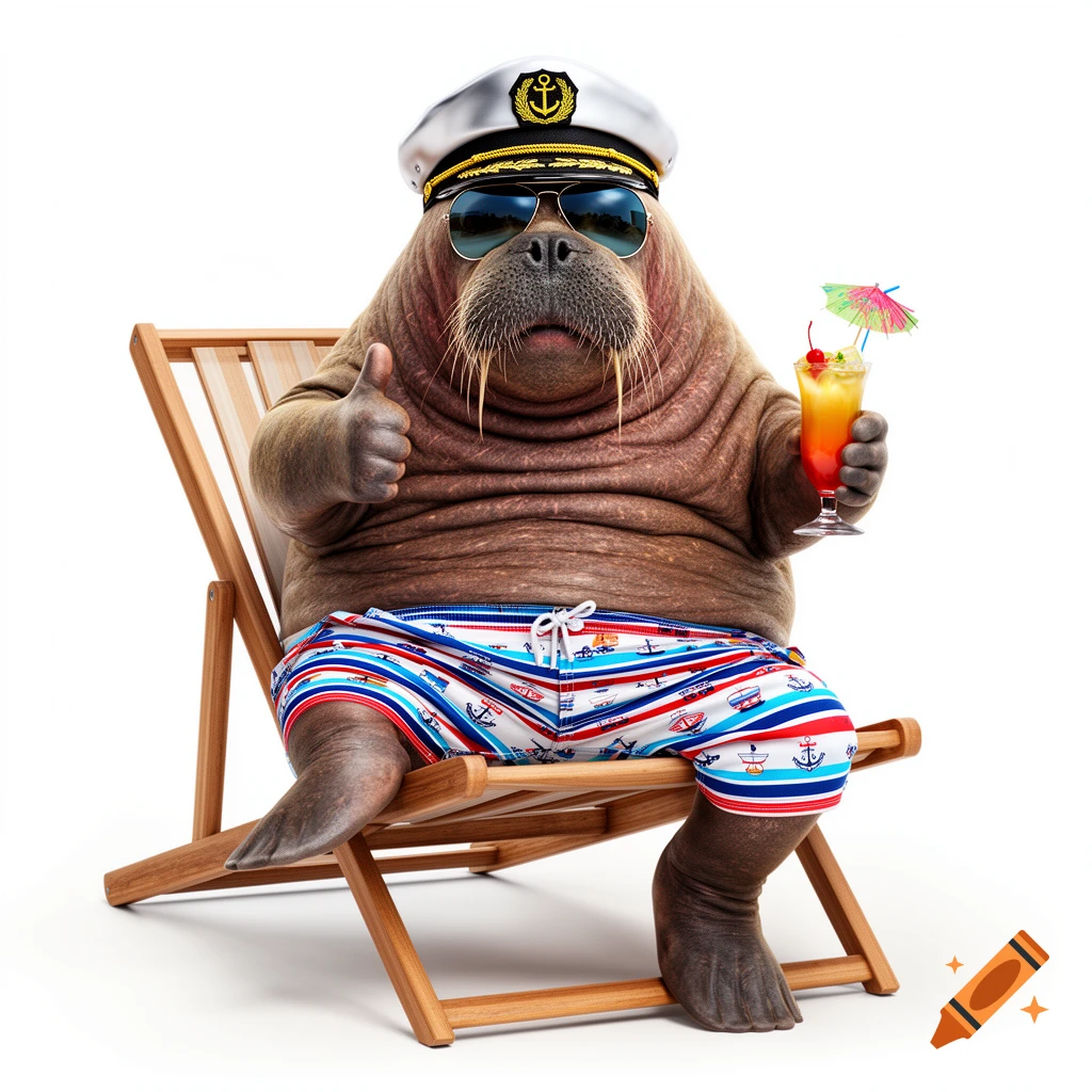 A photorealistic walrus wearing a captain's hat, sunglasses, and swim trunks sits in a beach chair, giving a thumbs up and holding a cocktail.