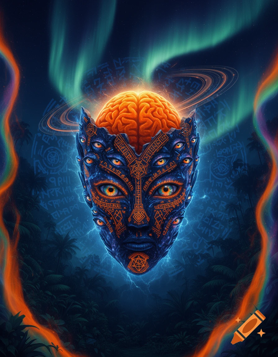 A psychedelic, multi-eyed, tribal alien mask with a glowing brain and planetary rings emerges from a dark jungle under aurora and cosmic energy.