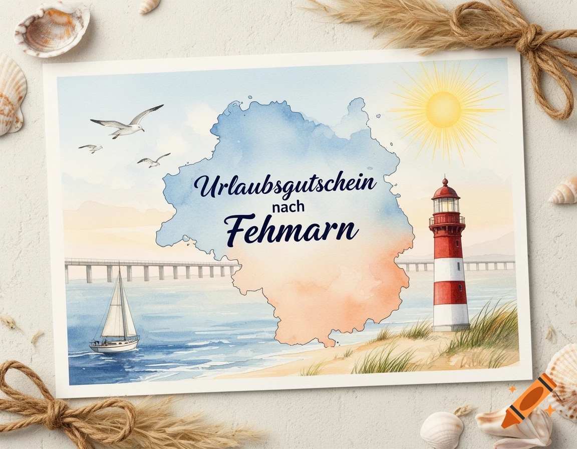 Watercolor vacation voucher for Fehmarn, Germany, with a map silhouette, lighthouse, sailboat, and bridge, on a decorated surface.