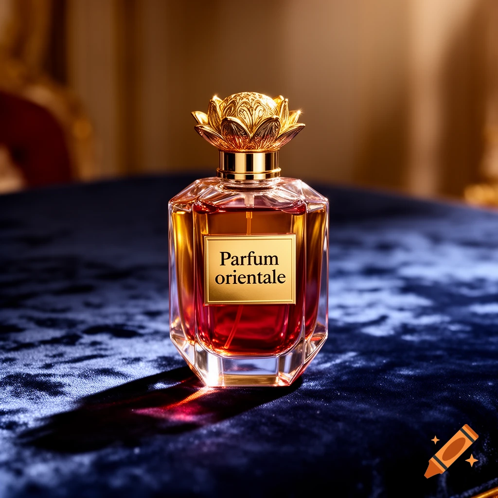 A photorealistic image of a perfume bottle with a golden lotus-shaped cap and a label reading 'Parfum orientale' on a dark blue velvet surface.
