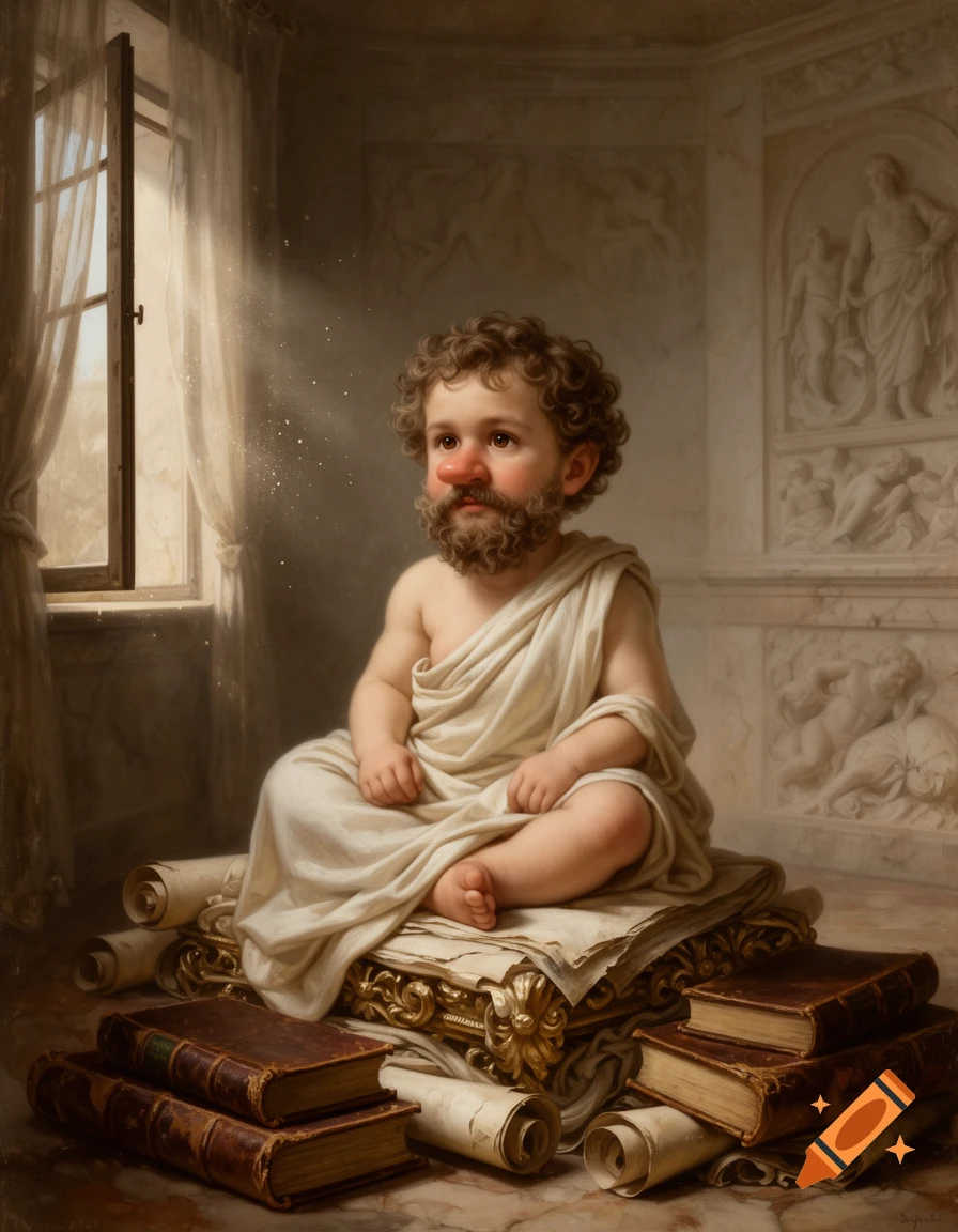 Neoclassical painting of a bearded baby with a red nose, wearing a toga, sitting on ancient books and scrolls.