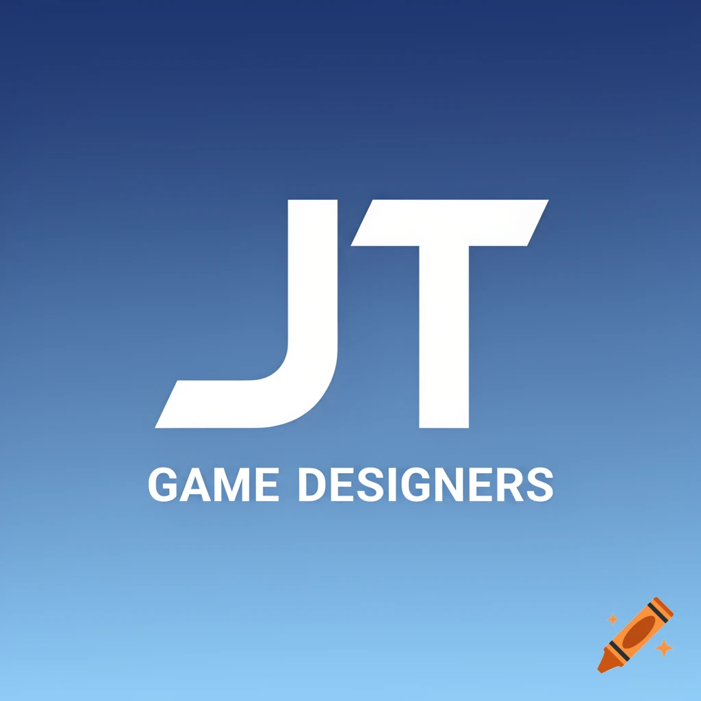 A modern logo featuring large white letters "JT" above "GAME DESIGNERS" on a blue gradient background.