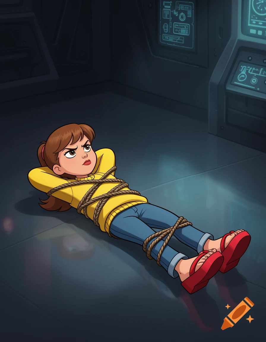 Cartoon of Penny Gadget tied up with rope on her back in a dark room with glowing control panels, looking annoyed.