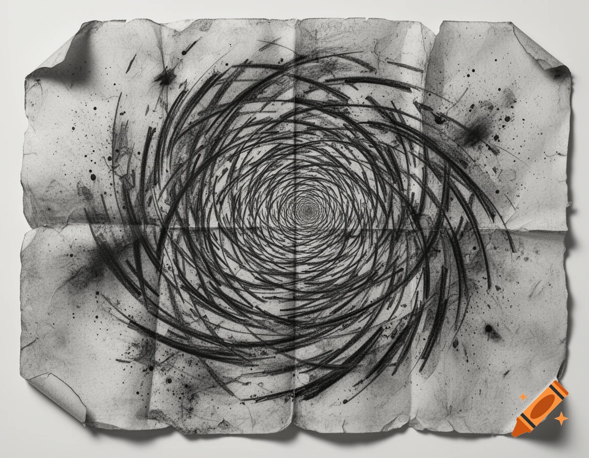 Charcoal drawing of a concentric spiral on a crumpled, smudged paper.