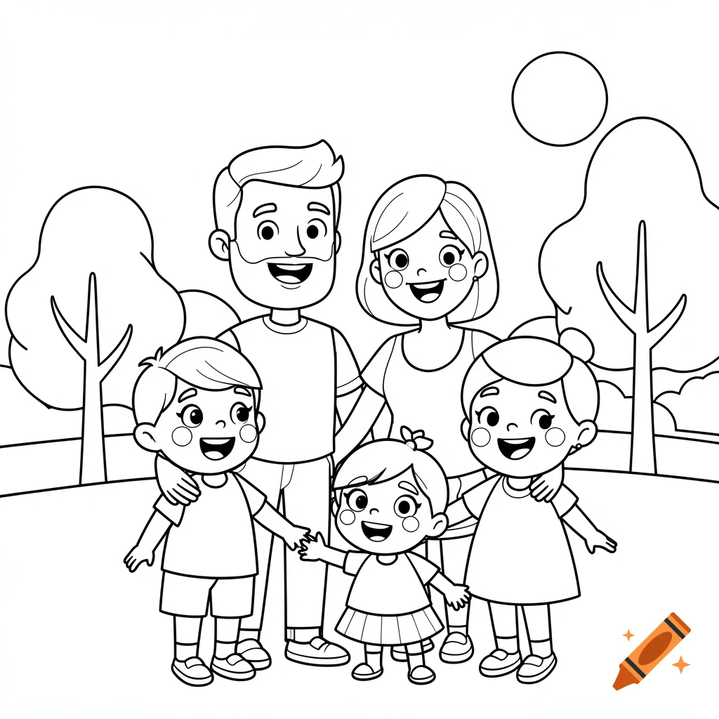 A black and white cartoon coloring page of a happy family, including two parents and three children, standing in a park.